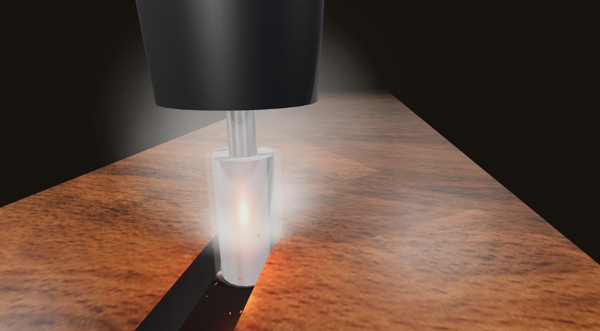 CNC bit rubbing and burning wood in a cut simulator, smoke rising and scorched cut walls
