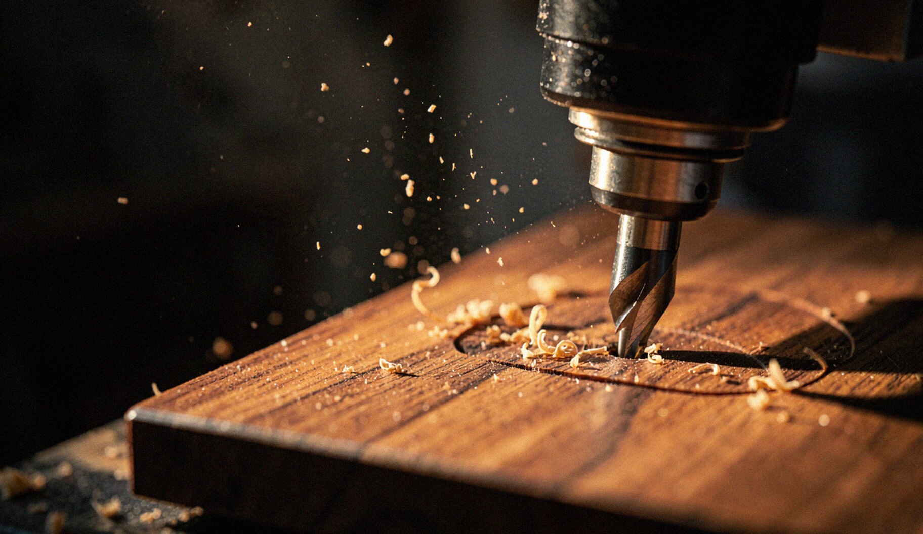 A CNC router bit carving a relief into a walnut board, wood chips flying in warm workshop light