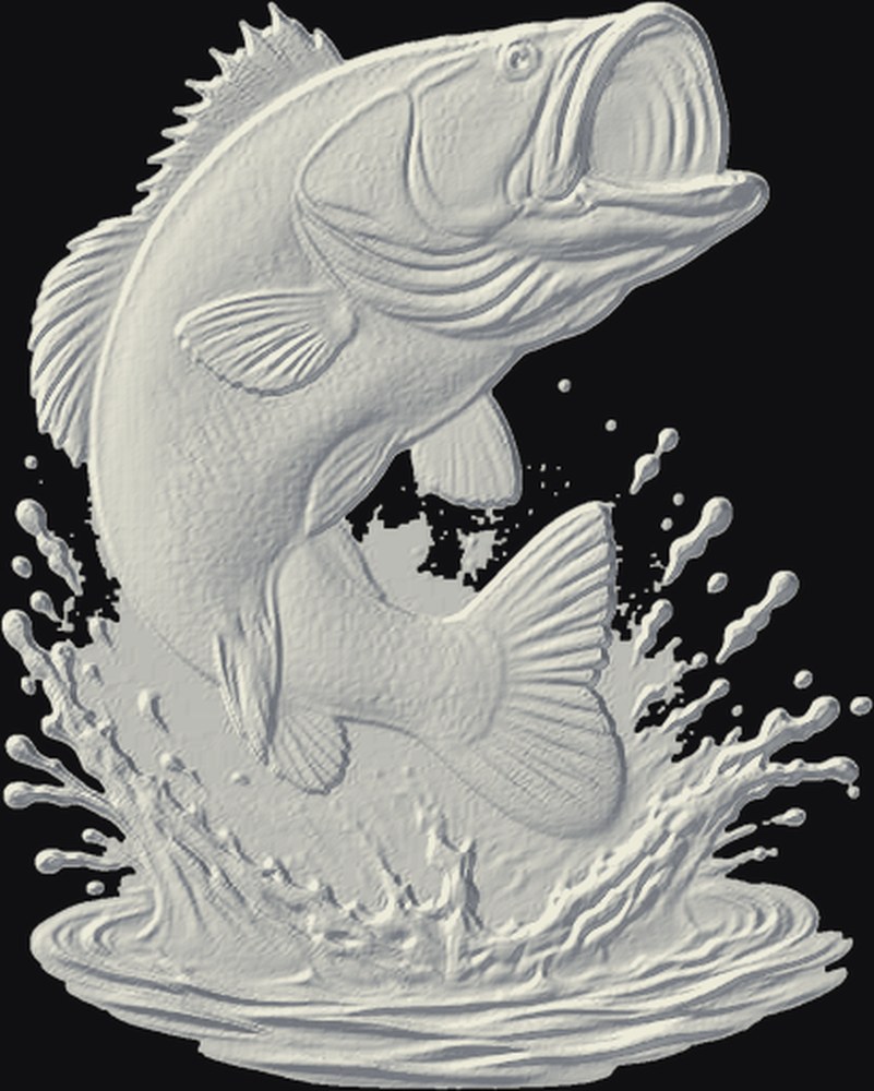 Largemouth Bass 3D relief heightmap preview for CNC carving