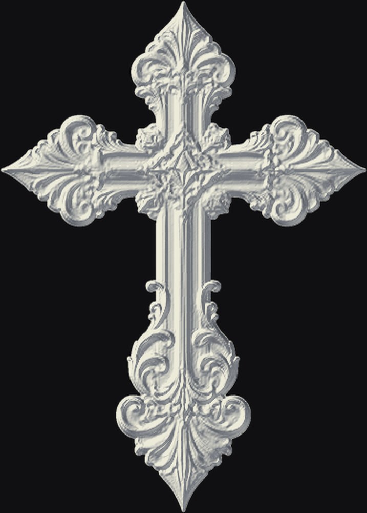 Ornate Cross 3D relief heightmap preview for CNC carving